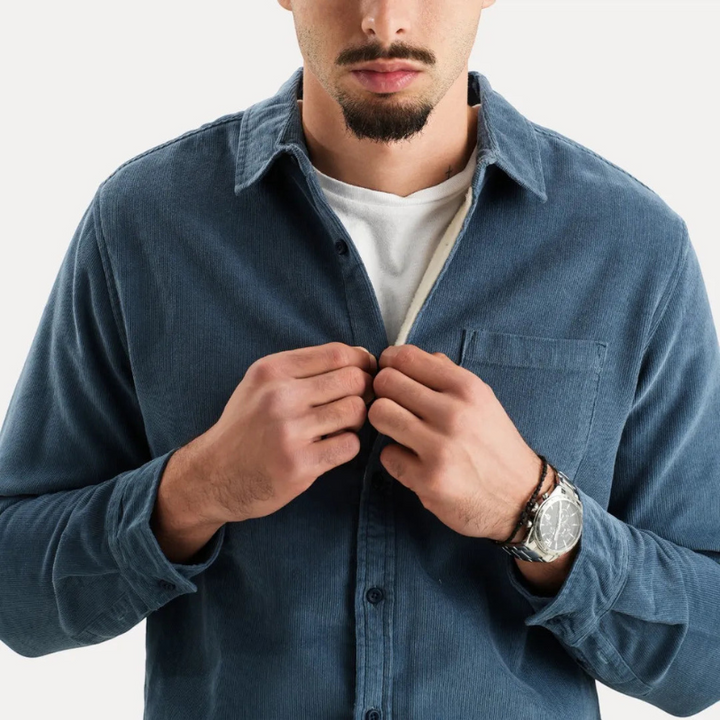 Camicia Uomo a Maniche Lunghe in Velluto a Coste con Fodera Interna in Pelliccia, Stile Casual