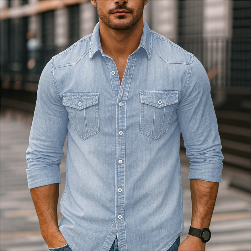 Klassische Herren-Denim-Hemd mit Kragen und Knopfverschluss