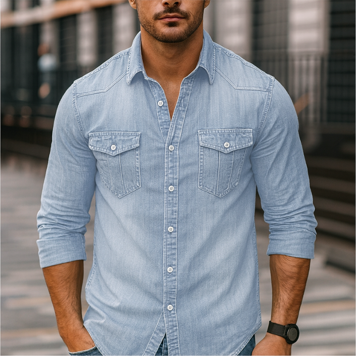Klassische Herren-Denim-Hemd mit Kragen und Knopfverschluss