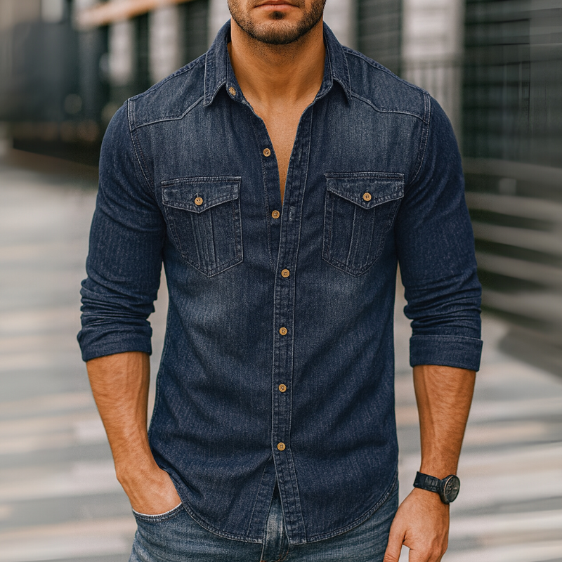 Klassische Herren-Denim-Hemd mit Kragen und Knopfverschluss