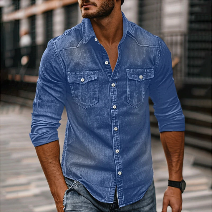 Klassische Herren-Denim-Hemd mit Kragen und Knopfverschluss