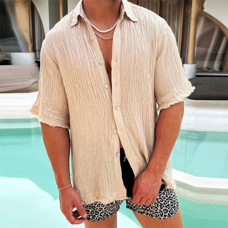Camicia di Lino Uomo Elegante con Design Moderno e Strappato, Maniche Lunghe