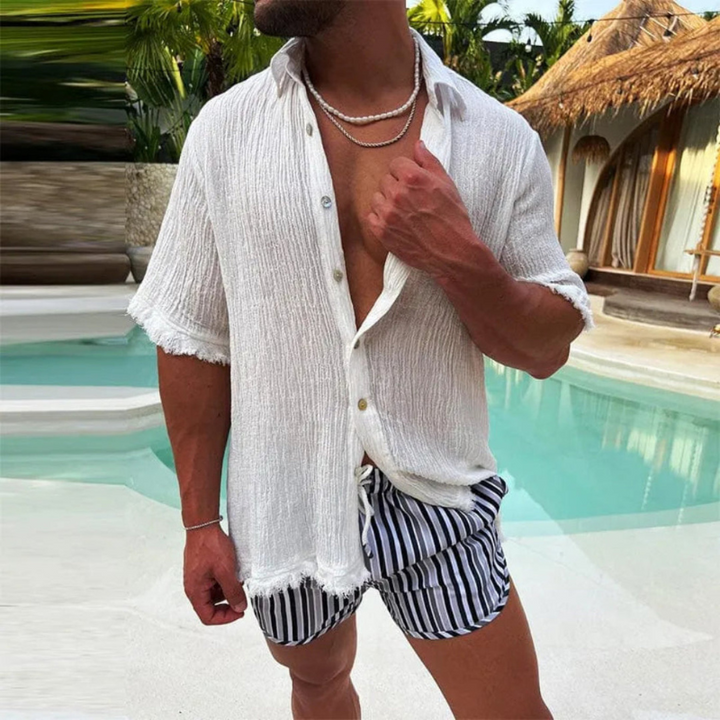 Camicia di Lino Uomo Elegante con Design Moderno e Strappato, Maniche Lunghe