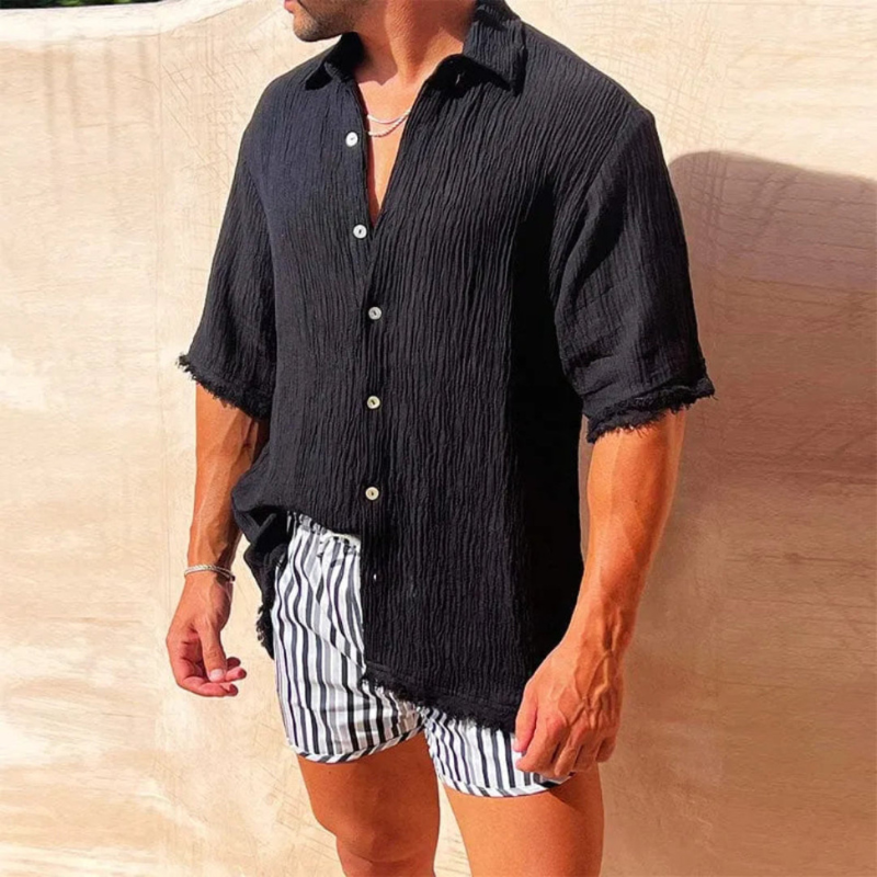 Camicia di Lino Uomo Elegante con Design Moderno e Strappato, Maniche Lunghe