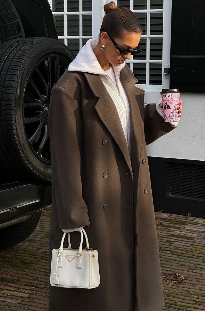 Cappotto Lngo Oversize da Donna con Scollo a V e Chiusura con Bottoni 0