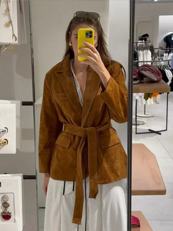 Cappotto Lungo Donna Elegante con Cintura in Pelle Scamosciata e Tasche – Giacca Autunnale con Maniche Lunghe 1