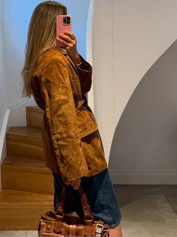 Cappotto Lungo Donna Elegante con Cintura in Pelle Scamosciata e Tasche – Giacca Autunnale con Maniche Lunghe 3