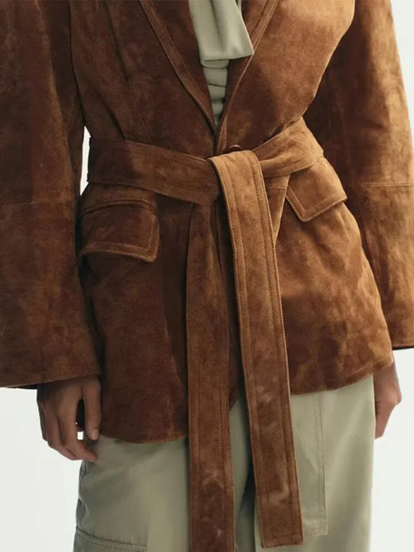 Cappotto Lungo Donna Elegante con Cintura in Pelle Scamosciata e Tasche – Giacca Autunnale con Maniche Lunghe 4