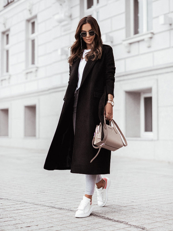 Cappotto Lungo Donna Elegante con Scollo a V e Cintura, Nero o Bianco 3