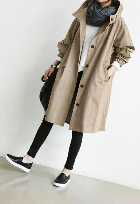Cappotto Lungo Donna Impermeabile con Cappuccio Regolabile Stile Chic