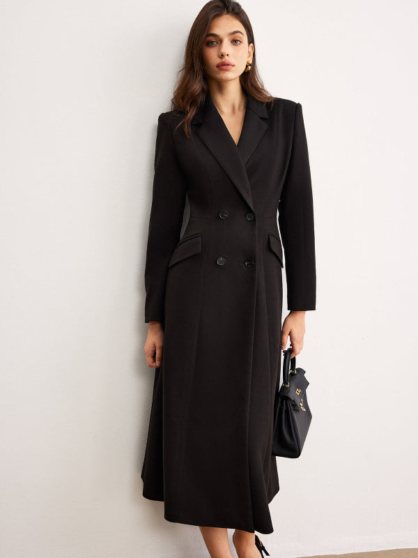 Cappotto Lungo Nero Donna Elegante a Doppio Petto con Tasche Laterali 0