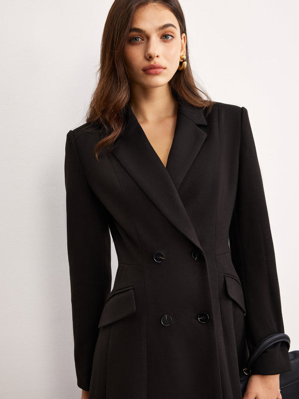 Cappotto Lungo Nero Donna Elegante a Doppio Petto con Tasche Laterali 1