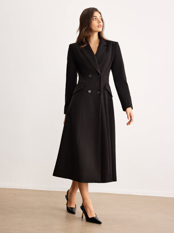 Cappotto Lungo Nero Donna Elegante a Doppio Petto con Tasche Laterali 2