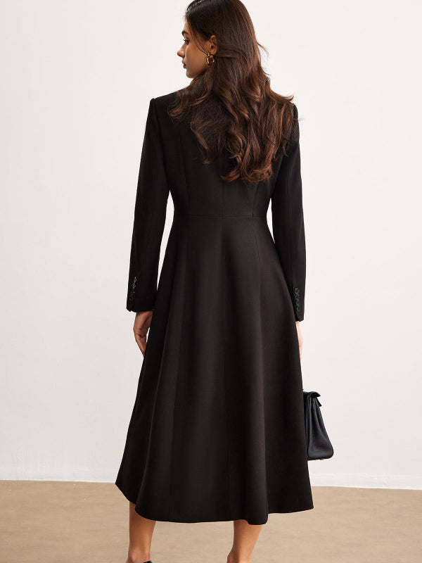 Cappotto Lungo Nero Donna Elegante a Doppio Petto con Tasche Laterali 3