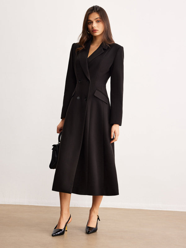 Cappotto Lungo Nero Donna Elegante a Doppio Petto con Tasche Laterali 4