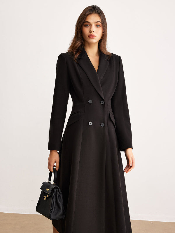 Cappotto Lungo Nero Donna Elegante a Doppio Petto con Tasche Laterali 5