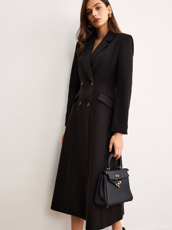 Cappotto Lungo Nero Donna Elegante a Doppio Petto con Tasche Laterali 6