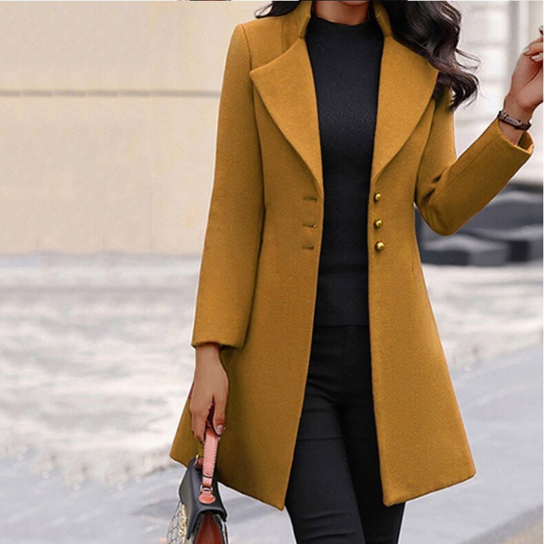 Cappotto Lungo Nero Donna Elegante con Chiusura a Bottoni e Collo Ribaltabile 2