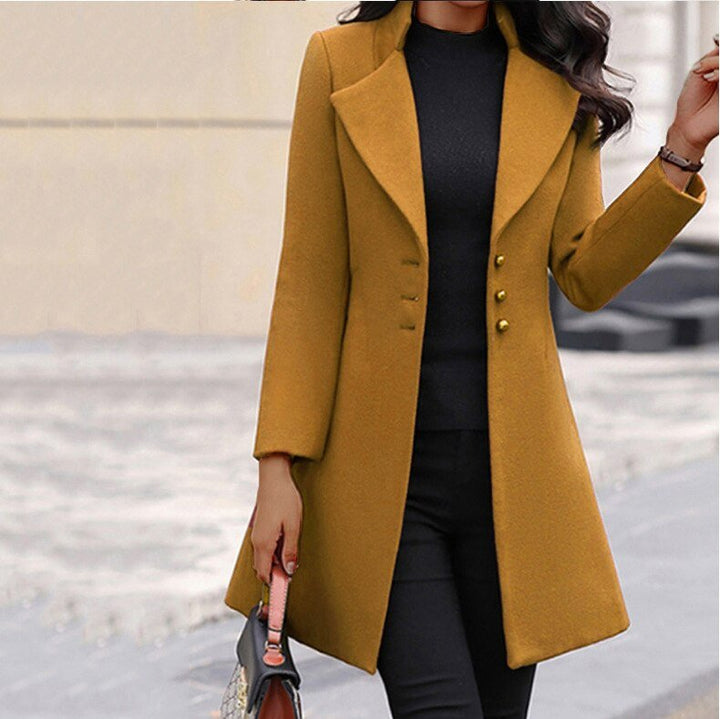 Cappotto Lungo Nero Donna Elegante con Chiusura a Bottoni e Collo Ribaltabile 2