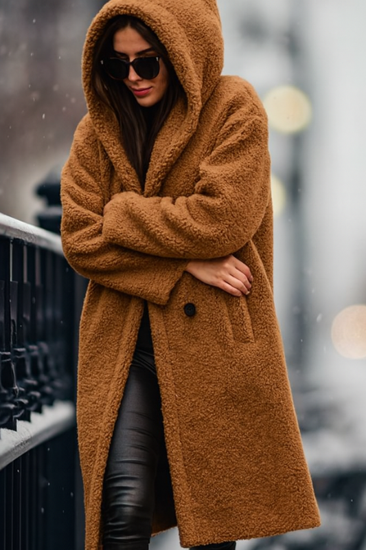 Cappotto lungo in pile da donna con elegante cappuccio per l'inverno