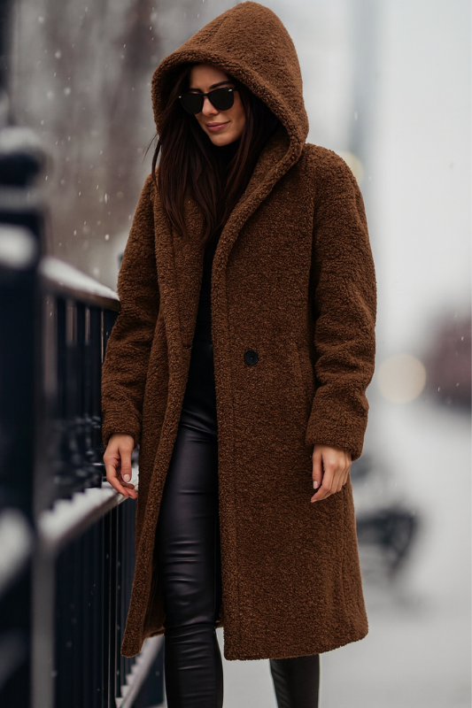 Cappotto lungo in pile da donna con elegante cappuccio per l'inverno