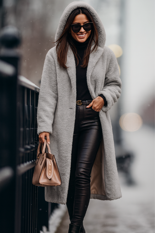 Cappotto lungo in pile da donna con elegante cappuccio per l'inverno
