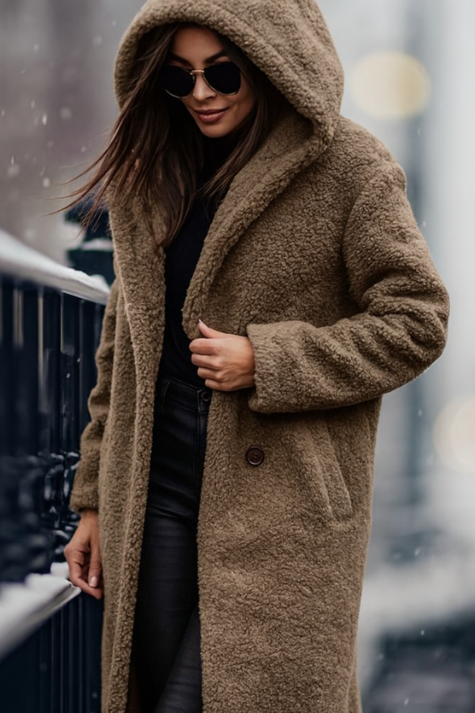 Cappotto lungo in pile da donna con elegante cappuccio per l'inverno