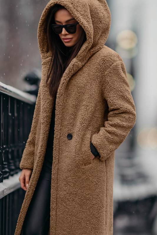 Cappotto lungo in pile da donna con elegante cappuccio per l'inverno