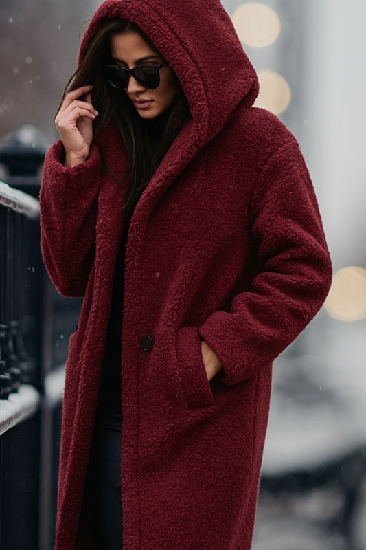 Cappotto lungo in pile da donna con elegante cappuccio per l'inverno