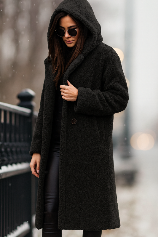Cappotto lungo in pile da donna con elegante cappuccio per l'inverno