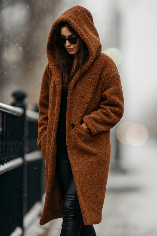 Cappotto lungo in pile da donna con elegante cappuccio per l'inverno