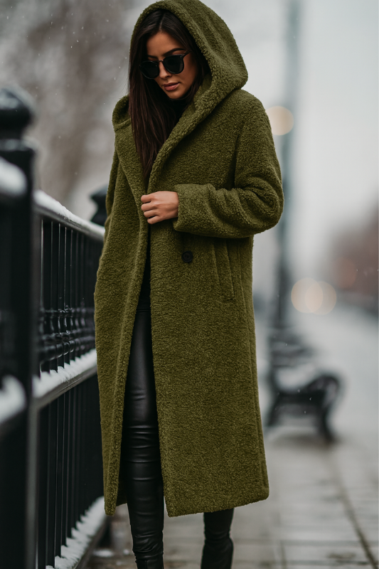 Cappotto lungo in pile da donna con elegante cappuccio per l'inverno