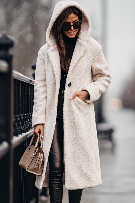 Cappotto lungo in pile da donna con elegante cappuccio per l'inverno
