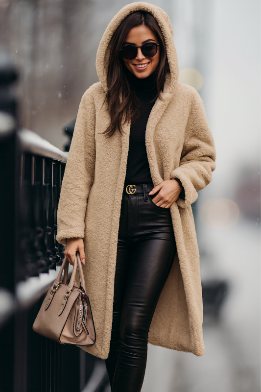 Cappotto lungo in pile da donna con elegante cappuccio per l'inverno