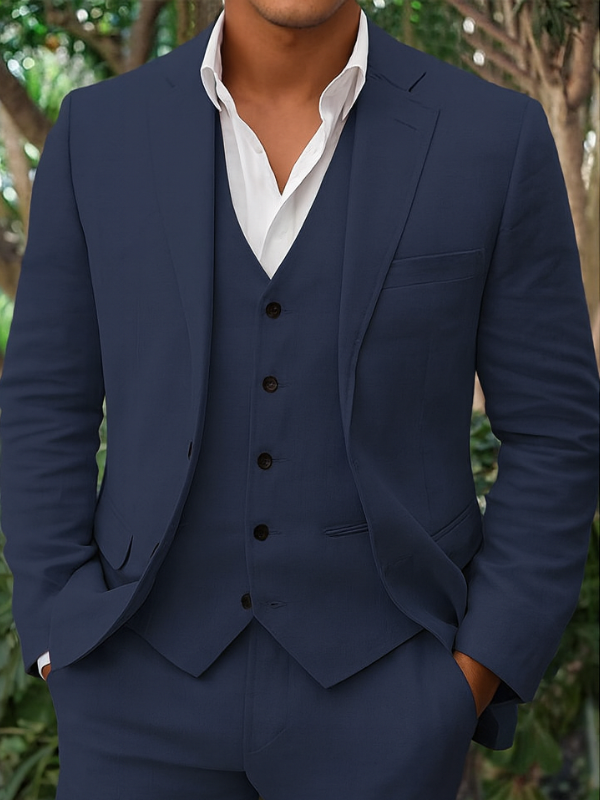 Completo Elegante Uomo in Lino a Tre Pezzi: Blazer, Gilet e Pantaloni per Occasioni Speciali