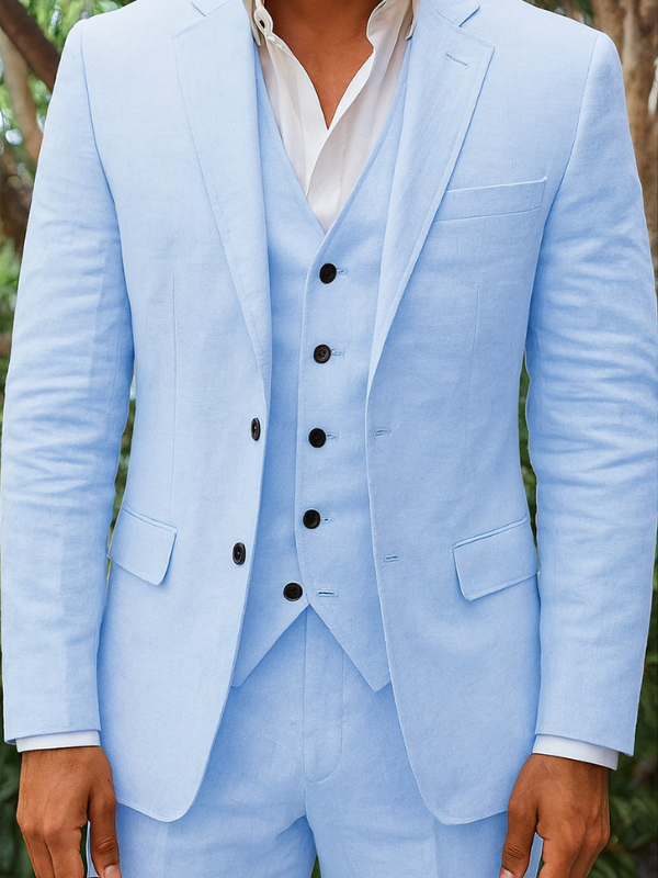 Completo Elegante Uomo in Lino a Tre Pezzi: Blazer, Gilet e Pantaloni per Occasioni Speciali