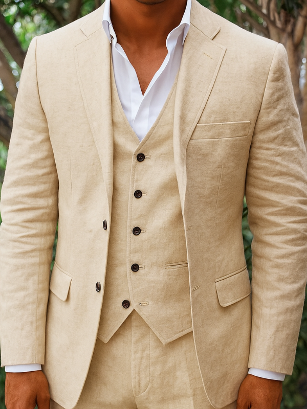 Completo Elegante Uomo in Lino a Tre Pezzi: Blazer, Gilet e Pantaloni per Occasioni Speciali