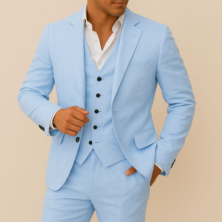 Elegante Completo da Uomo in Lino a 3 Pezzi - Giacca, Gilet e Pantaloni