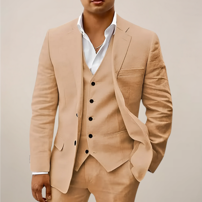 Elegante Completo da Uomo in Lino a 3 Pezzi - Giacca, Gilet e Pantaloni