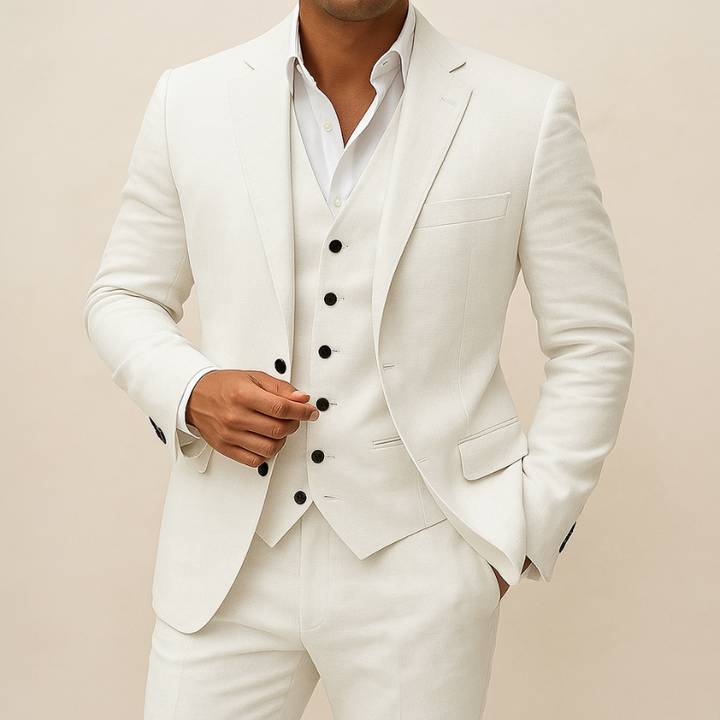 Elegante Completo da Uomo in Lino a 3 Pezzi - Giacca, Gilet e Pantaloni