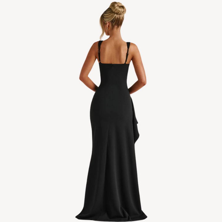 Elegantes Langarmkleid für Damen aus schwarzem Satin mit Schlitz - Cocktailkleid für formelle Anlässe