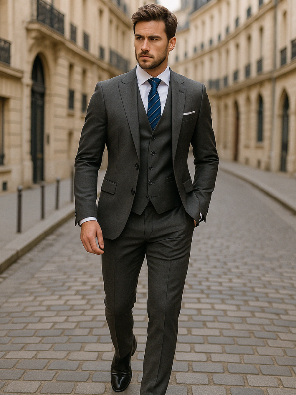 Elegante Abito da Uomo a Tre Pezzi - Giacca Monopetto, Gilet e Pantaloni a Gamba Dritta
