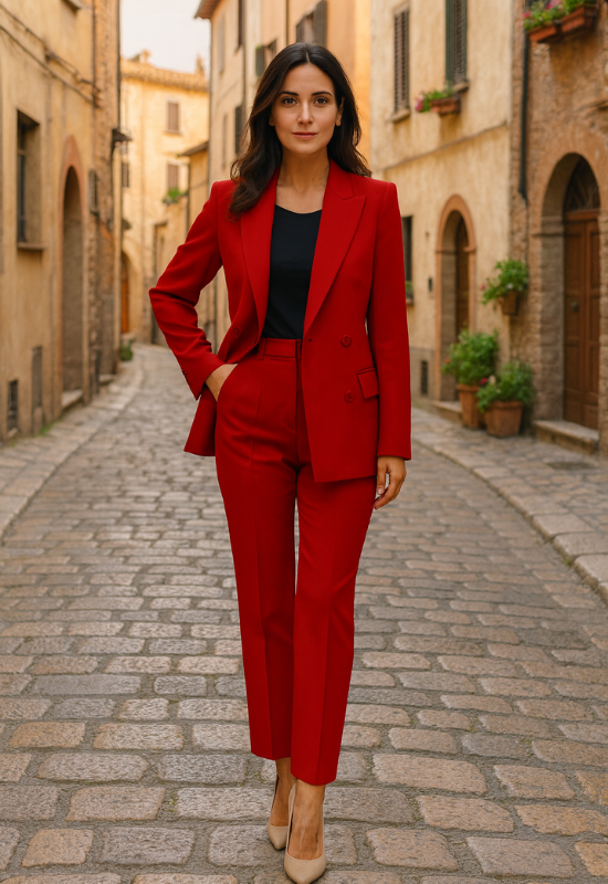 Elegante Completo da Donna Con Blazer Doppiopetto e Pantaloni a Vita Alta