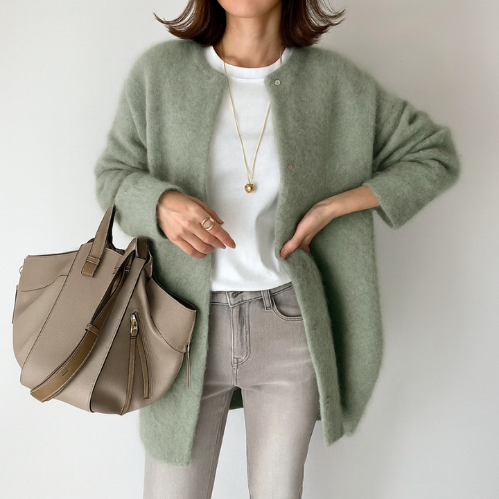 Elegante cárdigan largo de acrílico para mujer con diseño moderno y relajado