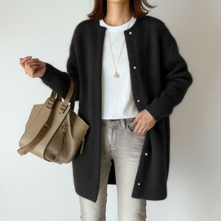 Elegante cárdigan largo de acrílico para mujer con diseño moderno y relajado