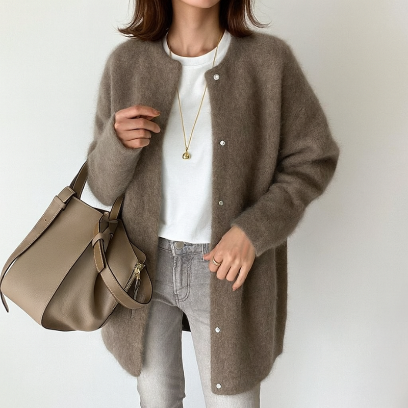 Elegante cárdigan largo de acrílico para mujer con diseño moderno y relajado