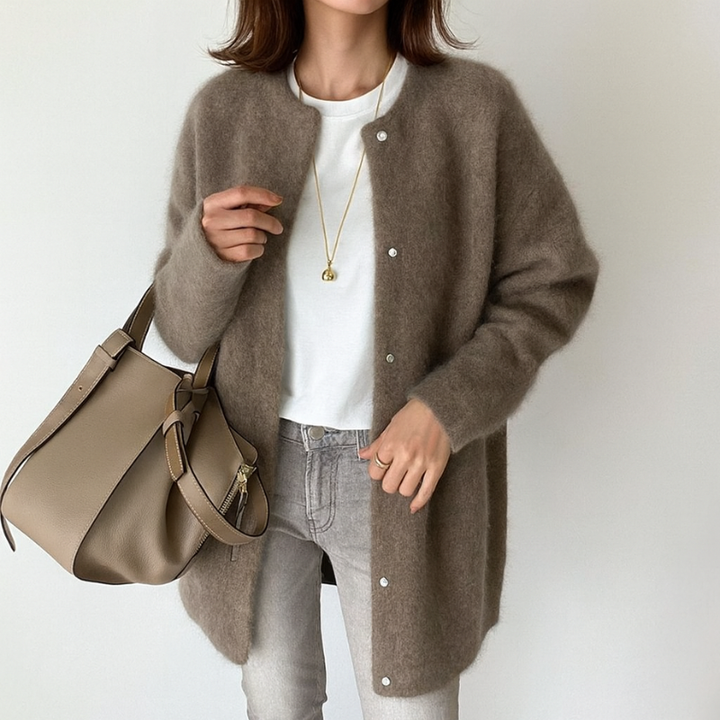 Elegante cárdigan largo de acrílico para mujer con diseño moderno y relajado