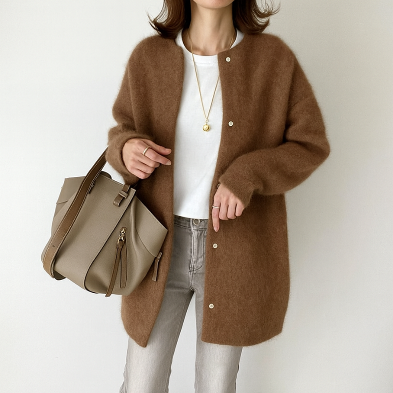 Elegante cárdigan largo de acrílico para mujer con diseño moderno y relajado