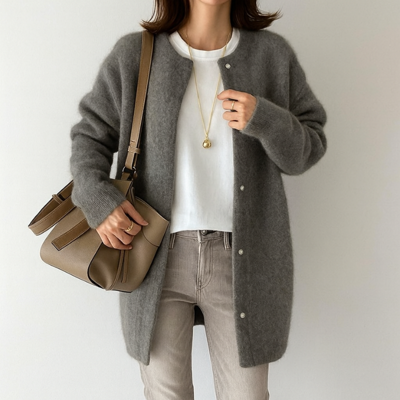 Elegante cárdigan largo de acrílico para mujer con diseño moderno y relajado