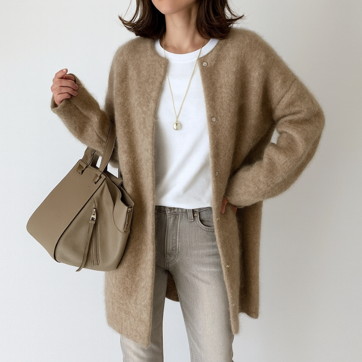 Elegante cárdigan largo de acrílico para mujer con diseño moderno y relajado